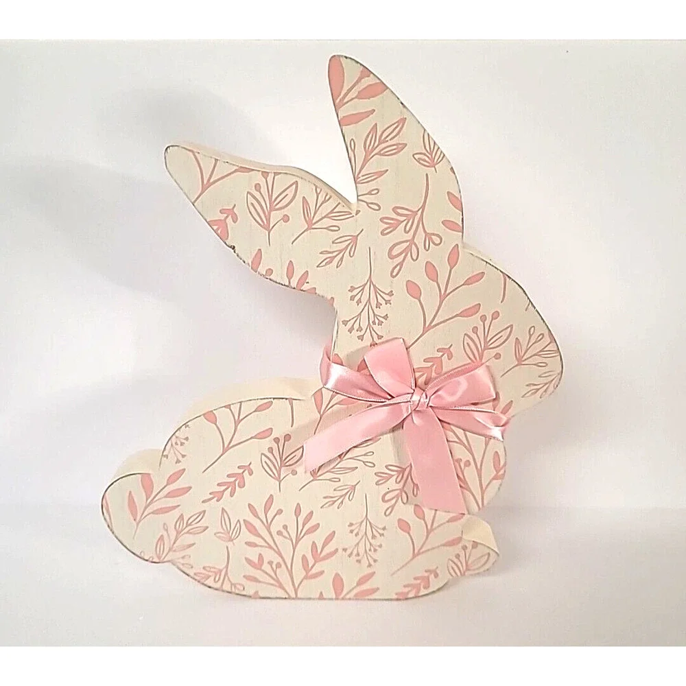 Wooden Pink Easter Bunny Silhouette with Floral Print & Pink Bow‎ 10-5/8